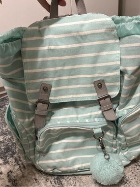 Striped Mint Kids Backpack with Pom Pom Charm
